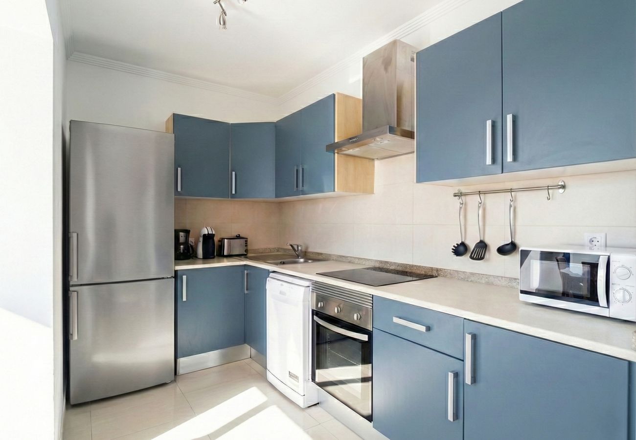 Equipped kitchen with blue-grey cabinets